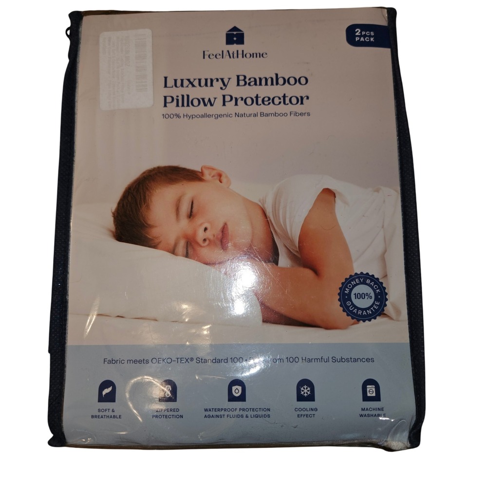 FeelAtHome Queen Bamboo Pillow Protector 2 Pck Waterproof Zippered Cooling Cover